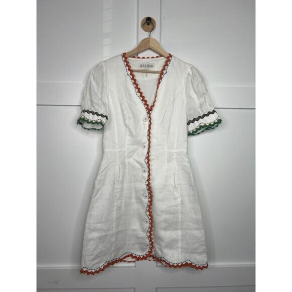 NEW Saloni Marlee Embroidered Scallop-Edge Embroidered Linen Dress White Size: 4 - Picture 2 of 8